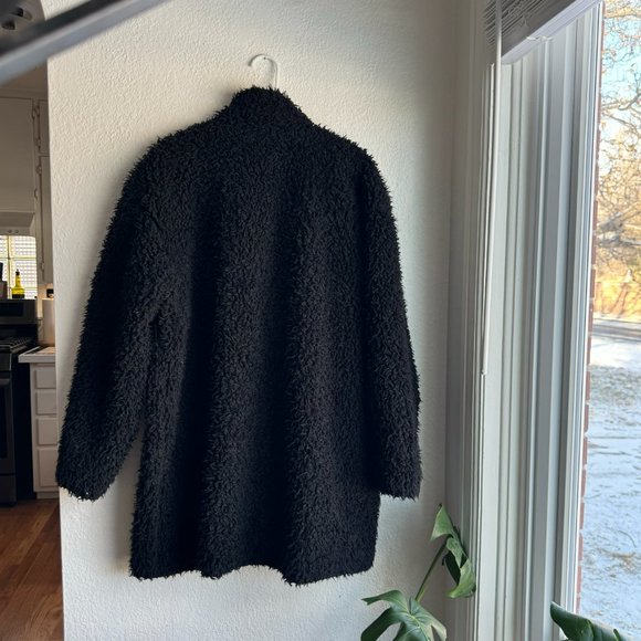 H&M Black Teddy Bear Jacket Coat Mid Length Faux Fur Cozy Fall Winter - Picture 2 of 5